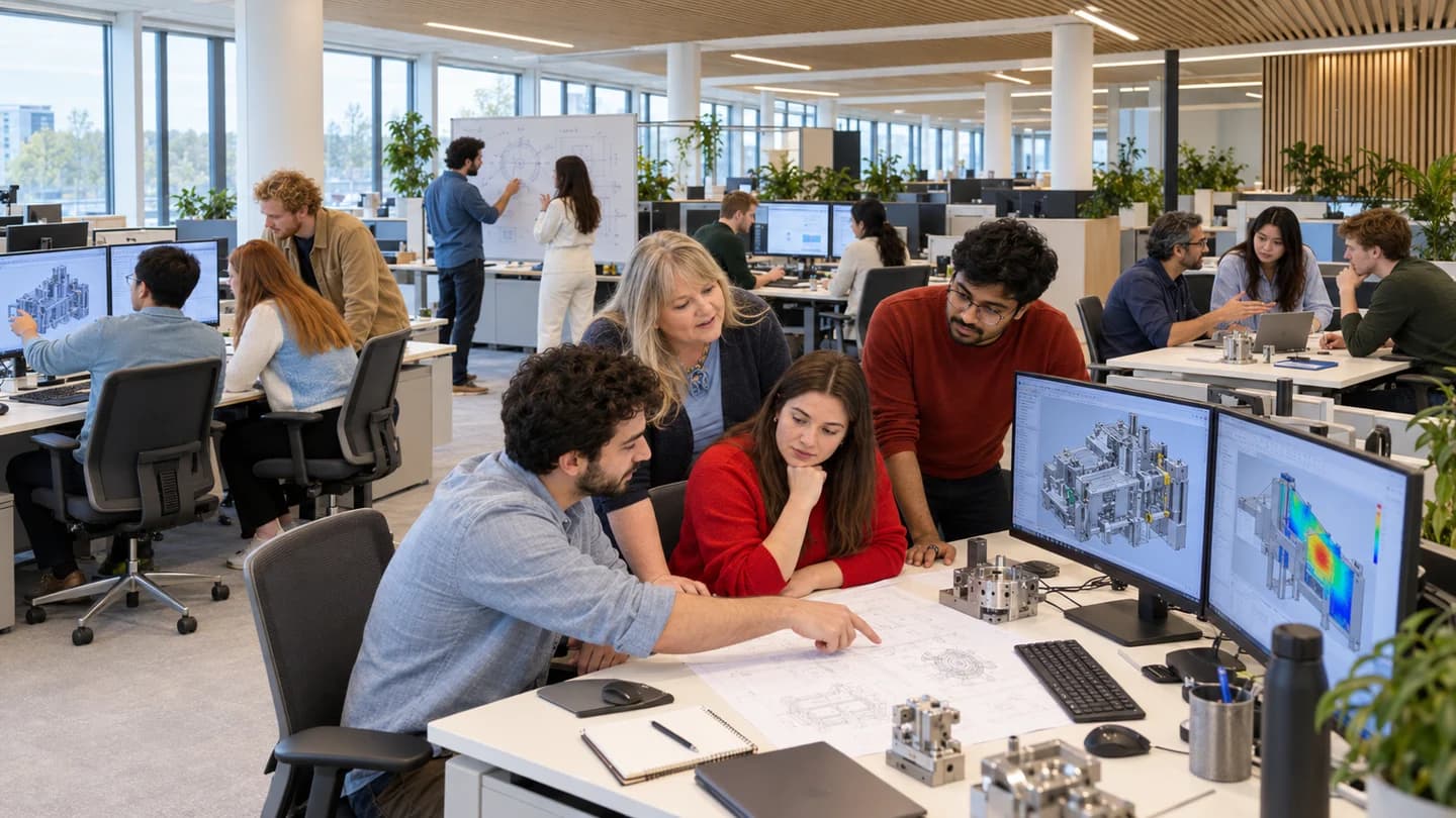 Illustrative engineering workspace where colleagues discuss a drawing and review designs together.