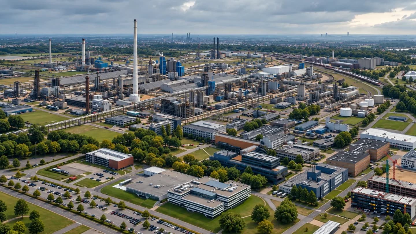 Illustrative aerial view of an industrial campus with connected buildings, roads and infrastructure.